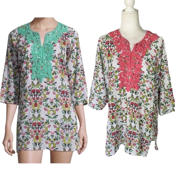 Roberta Roller Rabbit Vida Inez Embroidered Bird Butterfly Tunic Top Coverup - L - Picture 1 of 14
